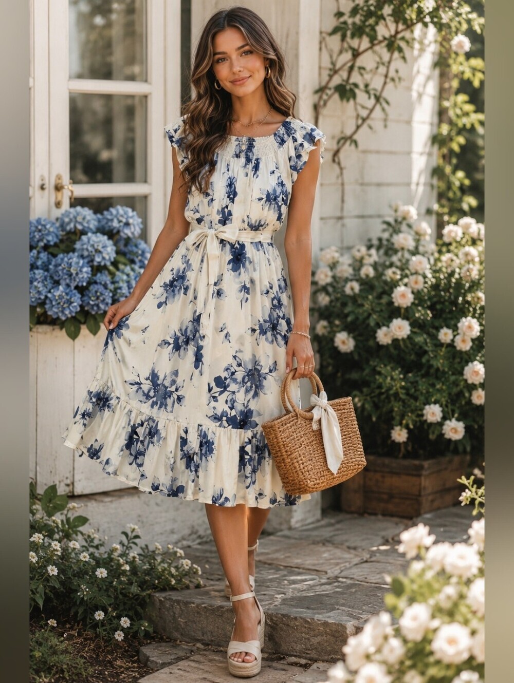 Coquette Boho Cottagecore Western Cream and Blue Floral Mini Dress M
